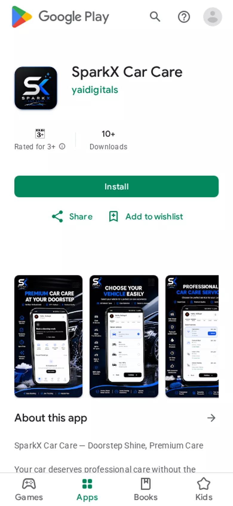 SparkX Car Care mobile product interface